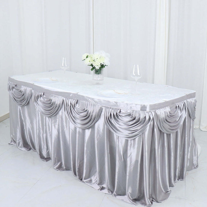 Satin 14ft Table Skirt Silver - Pleated Double Drape Table Cover Table Skirts PROstorez Default Title