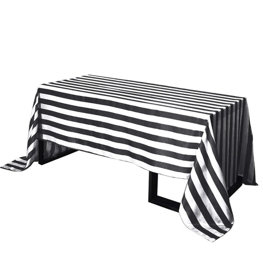 Satin 90"x156" Rectangle Tablecloth Black/White - Stripe Design with Seamless Finish Table Cover Tablecloths HIER_2142 Default Title