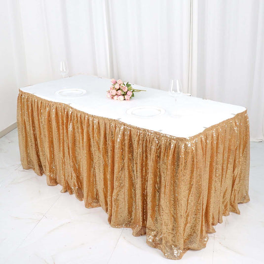 Sequin 17ft Table Skirt Gold - Pleated Satin With Top Velcro Strip - Glitzy Event Decoration Table Skirts PROstorez Default Title