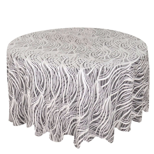 Sequin Mesh 120" Round Tablecloth White Black - Seamless Wave Embroidered Table Cover Tablecloths HIER_2121