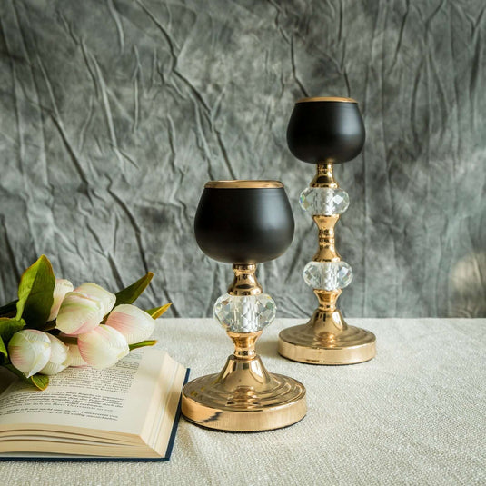 Set of 2 Metal Crystal Lamp Candle Holders Gold/Black - Sophisticated Votive Tealight Stands 7", 11" Centerpieces HIER_7120 Default Title