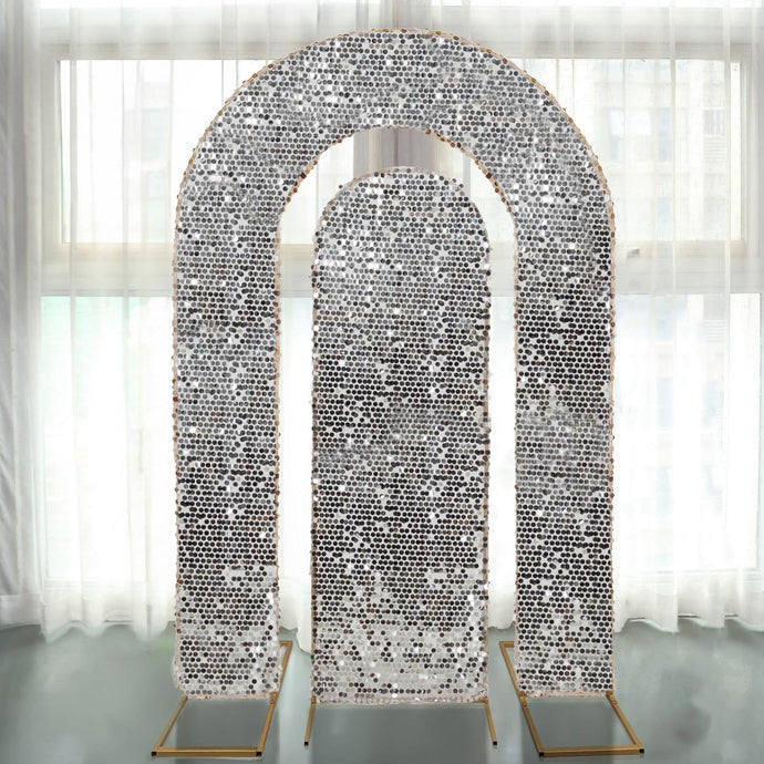 Set of 2 Silver Payette Sequin Wedding Arch Covers for Round Top and Double Arch Chiara Backdrop Stands - 6ft,8ft Backdrops HIER_5200