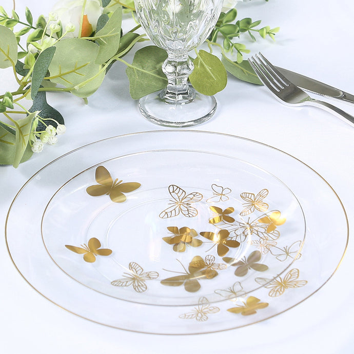 Set of 20 Plastic Round Dinner and Salad Plates in Clear with Gold Butterfly Design & Gold Rim - Stylish Disposable Dinnerware 8