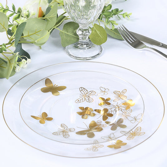 Set of 20 Plastic Round Dinner and Salad Plates in Clear with Gold Butterfly Design & Gold Rim - Stylish Disposable Dinnerware 8