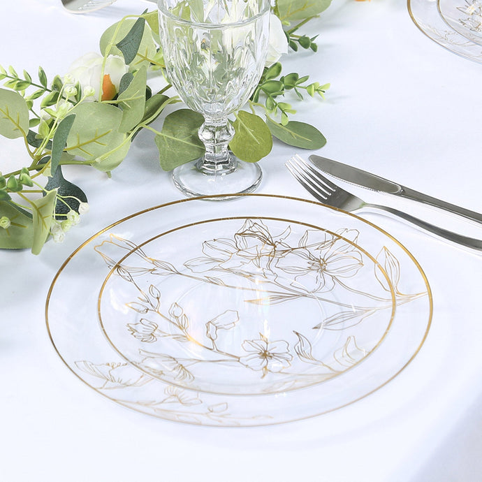 Set of 20 Plastic Round Dinner and Dessert Plates in Clear with Metallic Gold Floral Design - Stylish Disposable Dinnerware 8