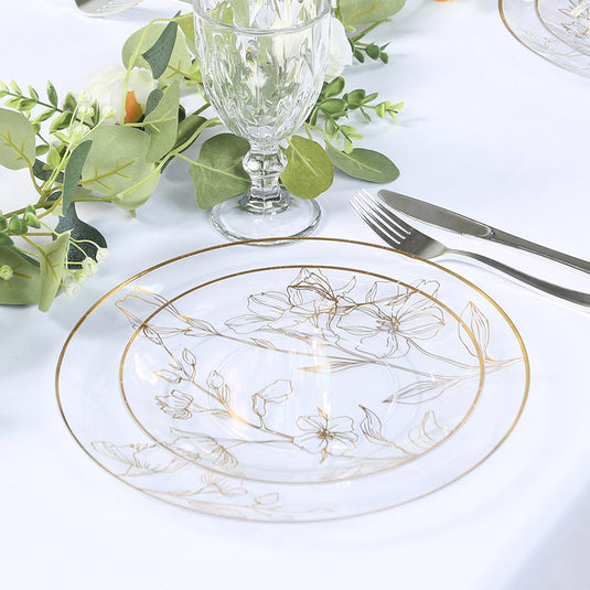 Set of 20 Plastic Round Dinner and Dessert Plates in Clear with Metallic Gold Floral Design - Stylish Disposable Dinnerware 8", 10" Disposables HIER_4110