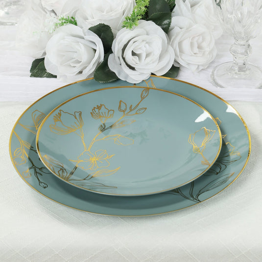 Set of 20 Dusty Blue Plastic Dinner Dessert Plates With Metallic Gold Floral Design, Disposable Round Party Plates - 8",10" Disposables HIER_4110