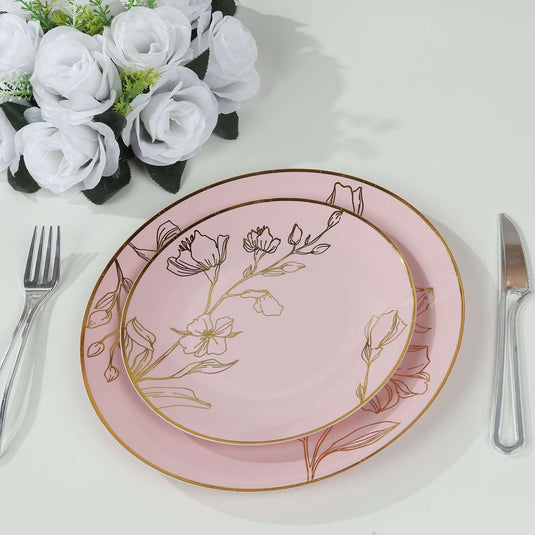 Set of 20 Plastic Round Dinner and Dessert Plates in Dusty Rose with Metallic Gold Floral Design - Stylish Disposable Dinnerware 8", 10" Disposables HIER_4110