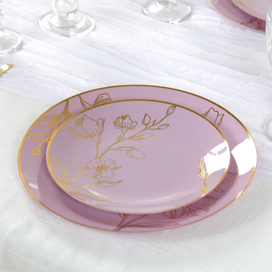 Set of 20 Plastic Round Dinner and Dessert Plates in Lavender Lilac with Metallic Gold Floral Design - Stylish Disposable Dinnerware 8", 10" Disposables HIER_4110