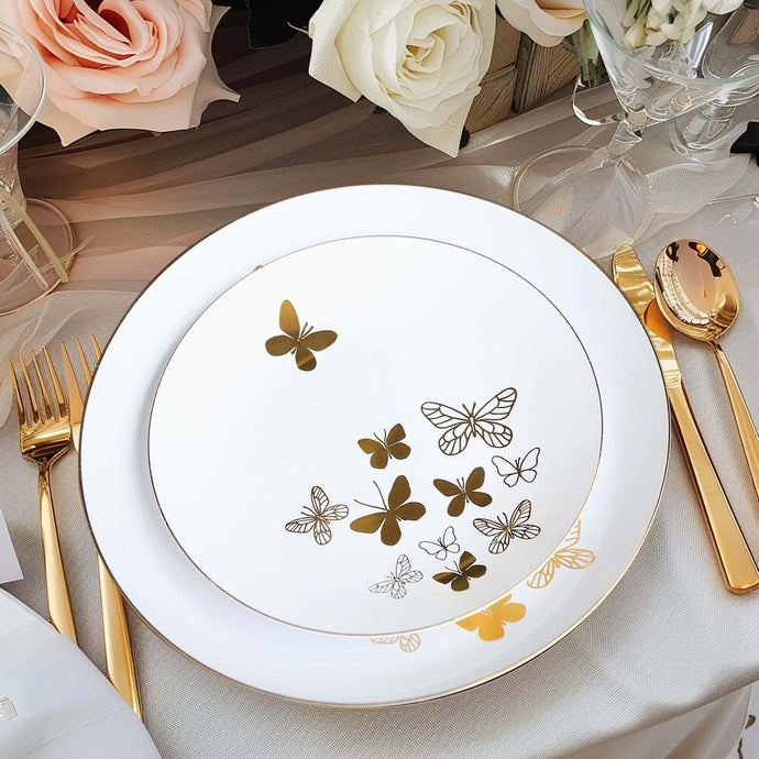 Set of 20 Plastic Round Dinner and Salad Plates in White with Gold Butterfly Design & Gold Rim - Stylish Disposable Dinnerware for Buffets & Catered Events 8