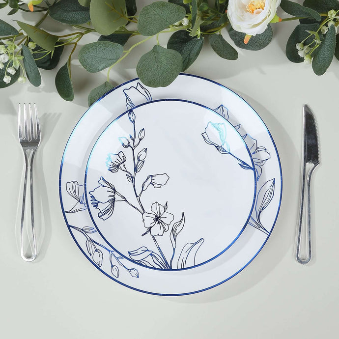 Set of 20 Plastic Round Dinner and Dessert Plates in White with Metallic Blue Floral Design - Stylish Disposable Dinnerware 8