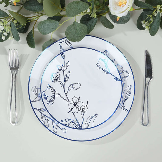 Set of 20 Plastic Round Dinner and Dessert Plates in White with Metallic Blue Floral Design - Stylish Disposable Dinnerware 8", 10" Disposables HIER_4110