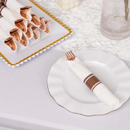 Set of 24 Rose Gold Plastic Silverware with Pre-Rolled White Paper Napkins - Disposable Wrapped Fork, Spoon, and Knife Set Disposables HIER_4220