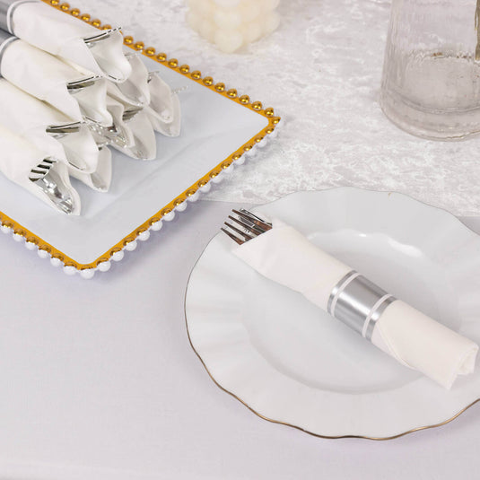 Set of 24 Silver Plastic Silverware with Pre-Rolled White Paper Napkins - Disposable Wrapped Fork, Spoon, and Knife Set Disposables HIER_4220