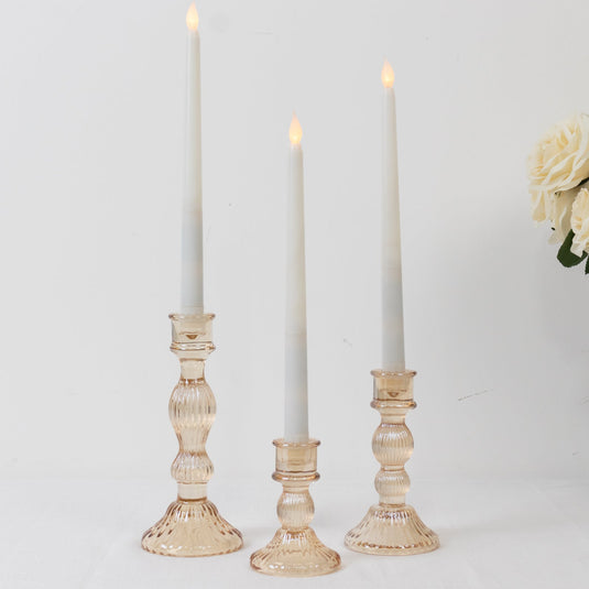 Set of 3 Amber Gold Ribbed Glass Taper Candlestick Holders, Fluted Crystal Candle Stands - 4", 6", 8" Centerpieces HIER_7130