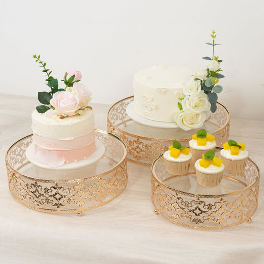 Set of 3 Cake Stands Baroque Ornate Design with Glass Top Gold - Stackable Dessert Display Trays Metal 10", 12", 14" Cake Stands HIER_7510