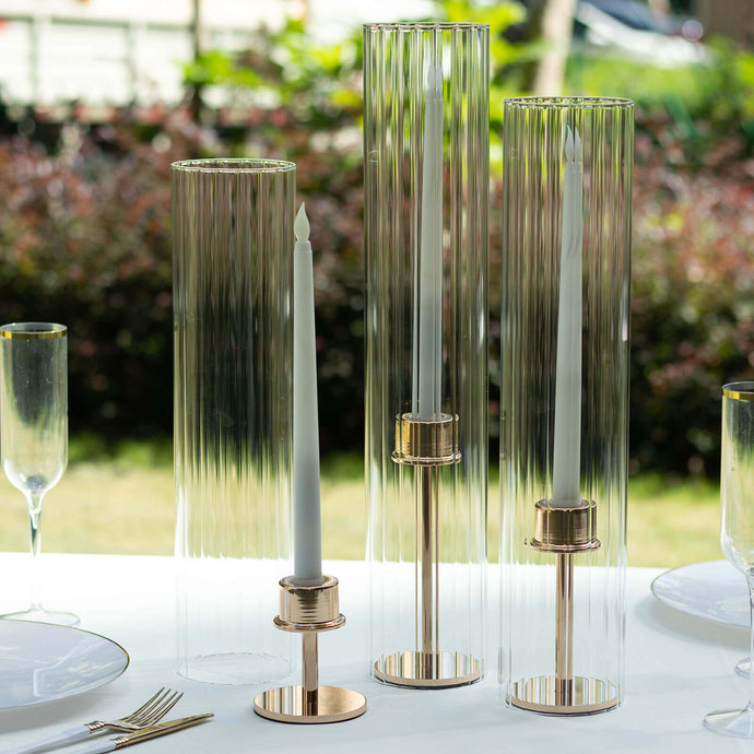 Set of 3 Clear Ribbed Glass Hurricane Shades Open End Design - Stylish Candelabra Pillar Candle Holder Table Centerpiece 15