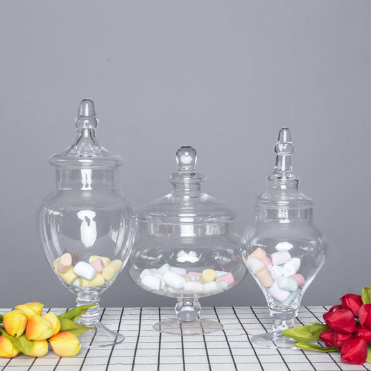 Set of 3 Glass Candy Jars Pedestal Apothecary Design Clear with Snap-On Lids - Stylish Party Favor Containers 10