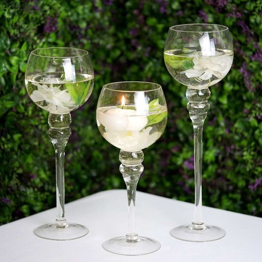 Set of 3 Glass Globe Vases Long Stem Clear - Stylish Candle Holder Floral Centerpieces 12