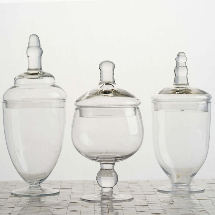 Set of 3 Glass Jars Apothecary Design Clear and Snap-On Lids - Stylish Decorative Candy Buffet Storage 8.5