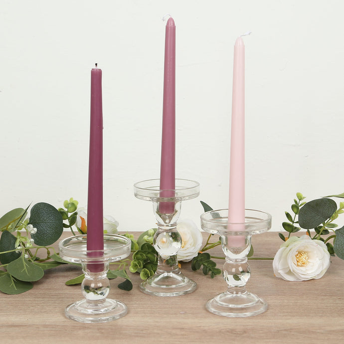 Set of 3 Glass Pillar Candle Holders Clear with Round Tray - Crystal Ball Stem Taper Candlestick Tea Light Stands 3.5