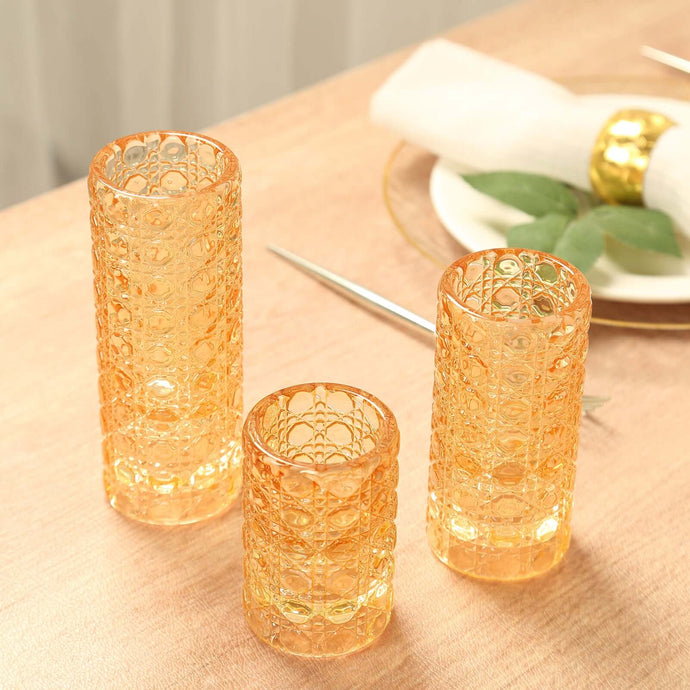 Set of 3 Glass Taper Candle Holders Amber Gold with Gemstone Pattern - Dual Sided Crystal Cylinder Tealight Stands 3