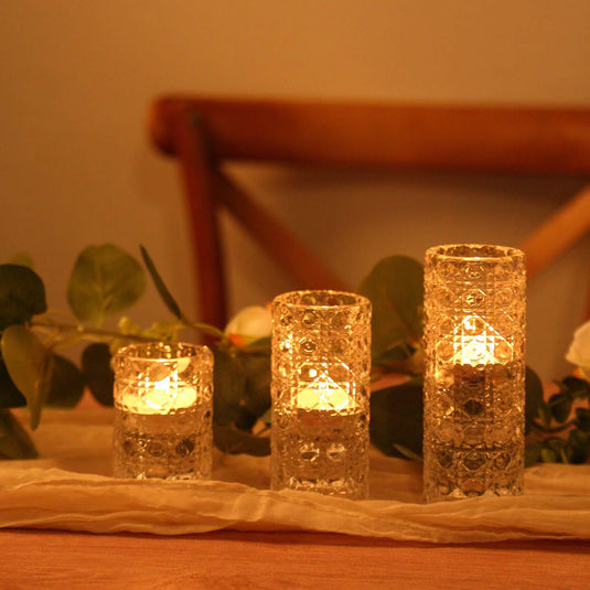 Set of 3 Glass Taper Candle Holders Clear with Gemstone Pattern - Dual Sided Crystal Cylinder Tealight Stands 3