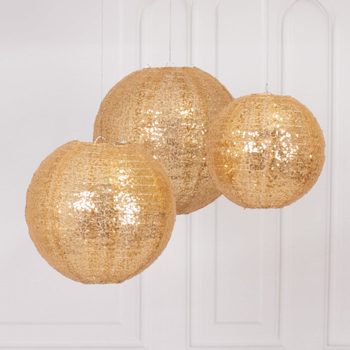 Set of 3 Glitter Gold Sequin Fabric Hanging Lanterns, Decorative Round Foldable Chinese Lantern Lampshades - 8