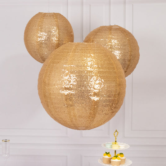 Set of 3 Glitter Gold Sequin Fabric Hanging Lanterns, Large Decorative Round Foldable Chinese Lantern Lampshades - 14",16",20" Lanterns HIER_9900