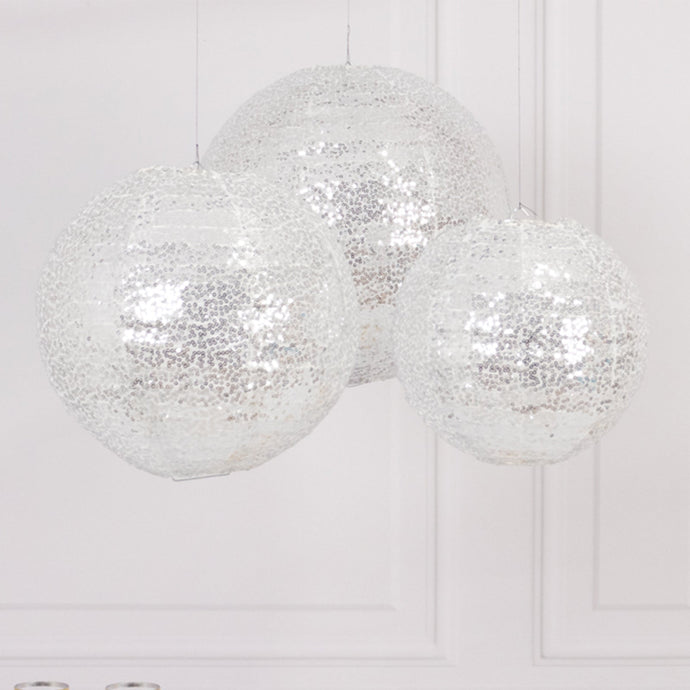 Set of 3 Glitter Silver Sequin Fabric Hanging Lanterns, Decorative Round Foldable Chinese Lantern Lampshades - 8