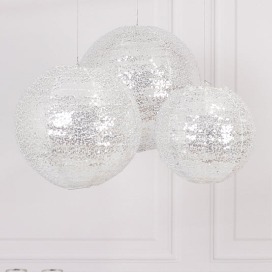 Set of 3 Glitter Silver Sequin Fabric Hanging Lanterns, Decorative Round Foldable Chinese Lantern Lampshades - 8",10",12" Lanterns HIER_9900