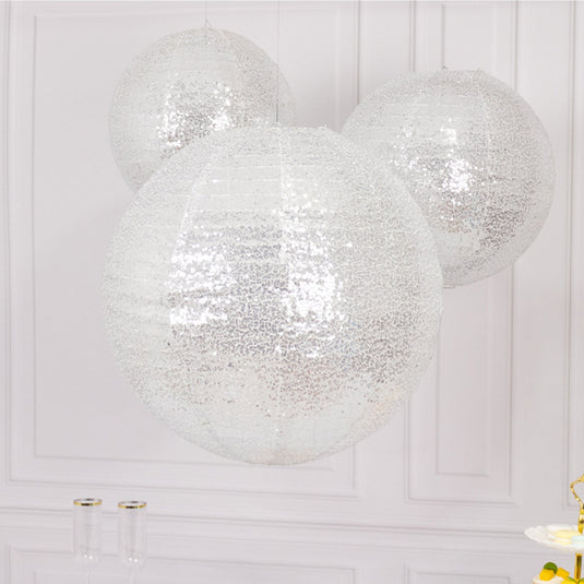 Set of 3 Glitter Silver Sequin Fabric Hanging Lanterns, Large Decorative Round Foldable Chinese Lantern Lampshades - 14",16",20" Lanterns HIER_9900