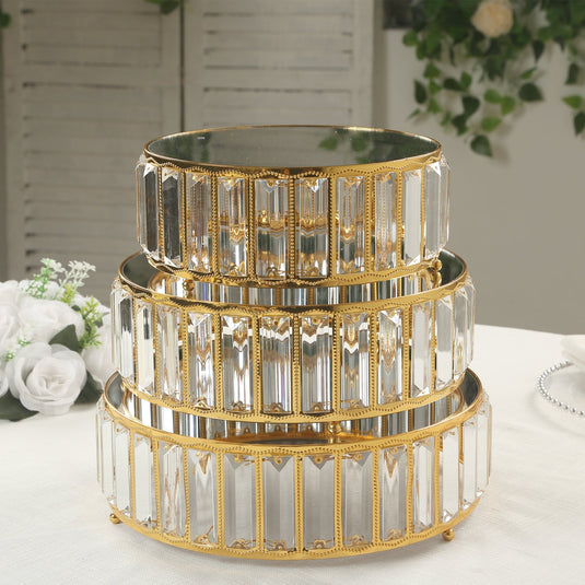 Set of 3 Gold Metal Crystal Pendant Cake Stands with Mirror Top, Stackable Round Dessert Display Trays - 9