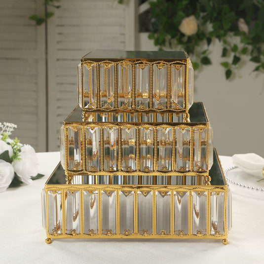 Set of 3 Gold Metal Crystal Pendant Cake Stands with Mirror Top, Stackable Square Dessert Display Trays - 7",10",12" Cake Stands HIER_7510