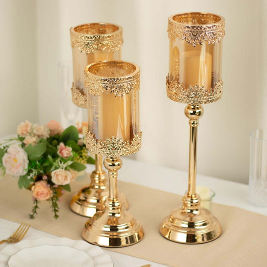 Set of 3 Lace Votive Candle Stands Antique Gold with Hurricane Glass Shades - Refined Pillar Candle Holders 13