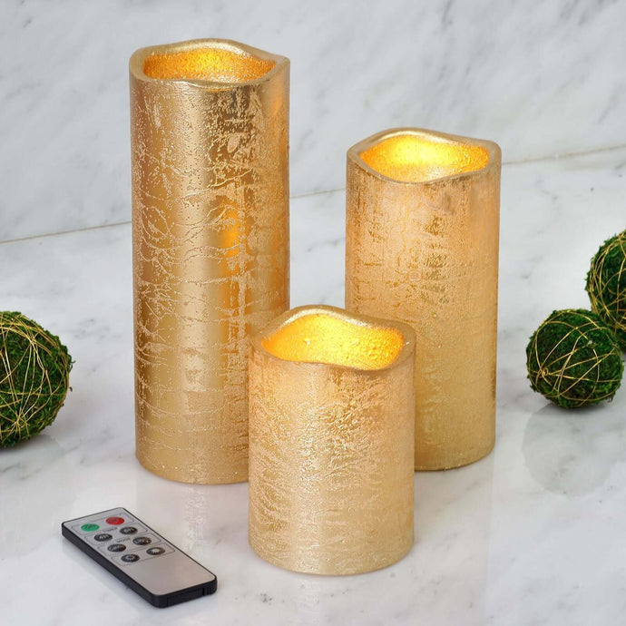 Set of 3 LED Flameless Pillar Candles Remote Operated Metallic Gold - Battery Powered 4