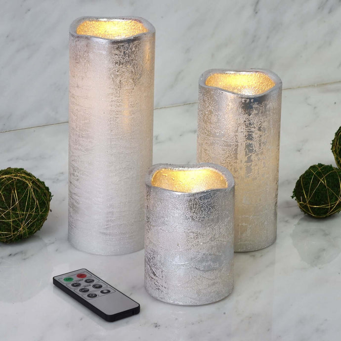 Set of 3 LED Flameless Pillar Candles Remote Operated Metallic Silver - Battery Powered 4