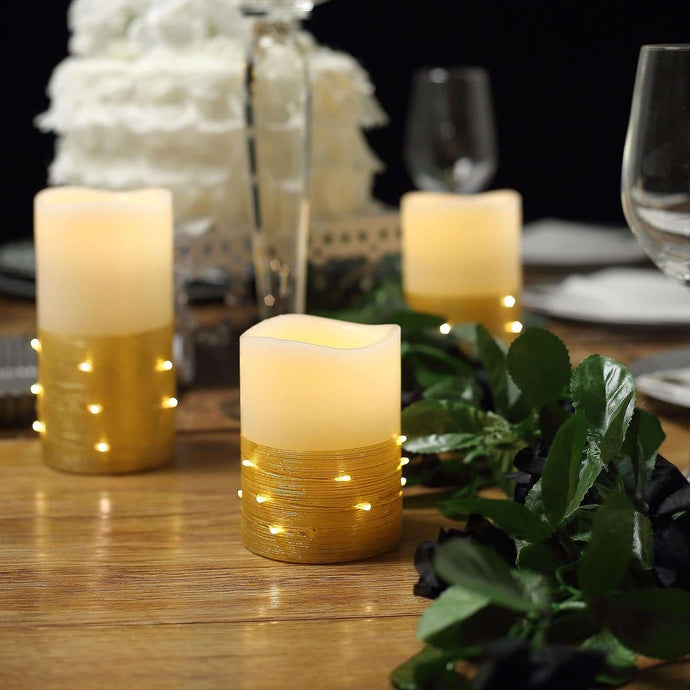 Set of 3 LED Flameless Pillar Candles Wrapped with Fairy String Lights Gold - Remote Operated 4