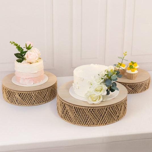 Set of 3 Pedestal Cake Stands Jute Rattan with Wooden Top Plates Natural - Stackable Round Rustic Farmhouse Design 10