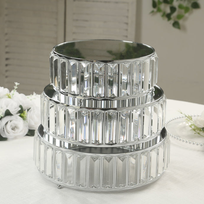 Set of 3 Silver Metal Crystal Pendant Cake Stands with Mirror Top, Stackable Round Dessert Display Trays - 9