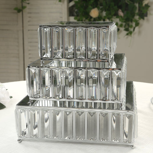 Set of 3 Silver Metal Crystal Pendant Cake Stands with Mirror Top, Stackable Square Dessert Display Trays - 7