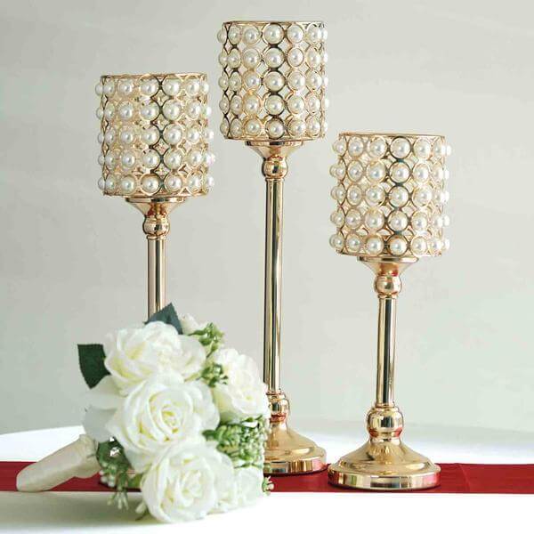 Set of 3 Votive Candle Holders White Pearl Beaded - Gold Sophisticated Small Pillar Stands 12