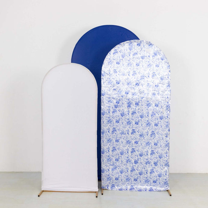 Set of 3 White Blue Round Top Fitted Wedding Arch Frame Covers, French Toile Pattern and Matte Spandex Backdrop Stand Covers Backdrops HIER_5200