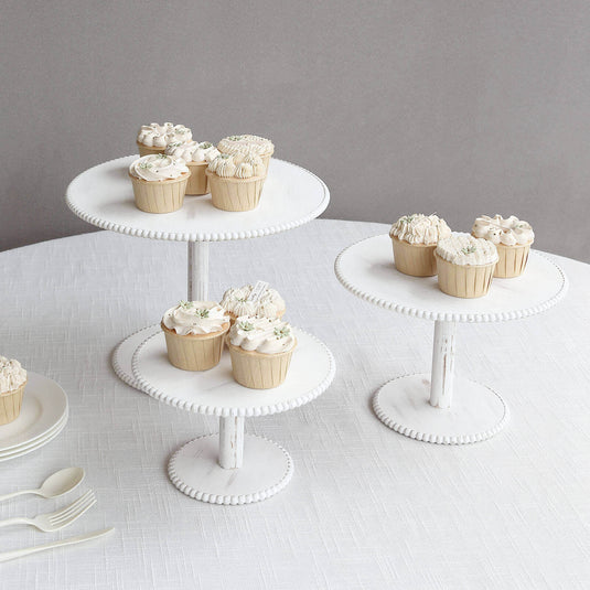 Set of 3 Wooden Pedestal Cake Stands Whitewash with Round Beaded Rim Trays - Stackable Rustic Cupcake Display 8", 10", 12" Cake Stands HIER_7510