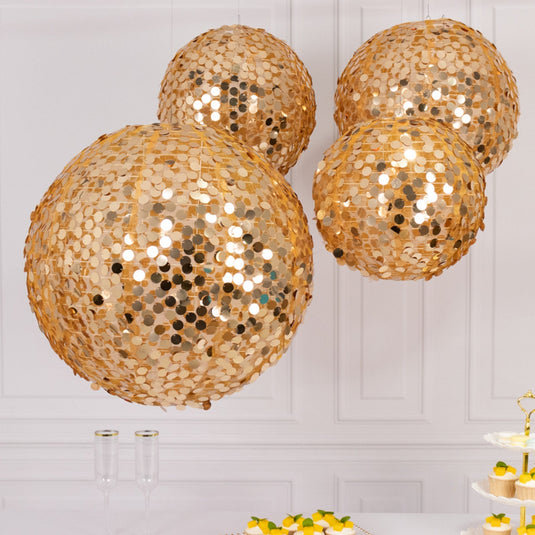 Set of 4 Glitter Gold Payette Sequin Hanging Lanterns, Large Decorative Round Foldable Fabric Chinese Lantern Lampshades - 12",14",16",20" Lanterns HIER_9900