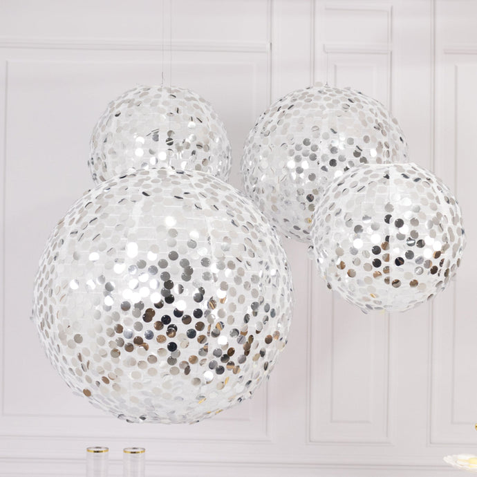 Set of 4 Glitter Silver Payette Sequin Hanging Lanterns, Large Decorative Round Foldable Fabric Chinese Lantern Lampshades - 12