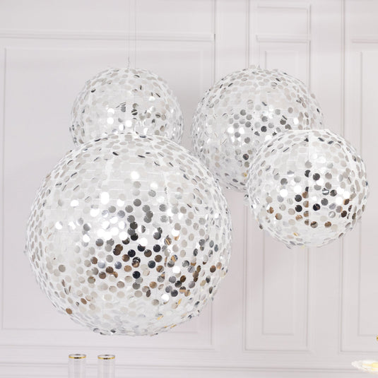 Set of 4 Glitter Silver Payette Sequin Hanging Lanterns, Large Decorative Round Foldable Fabric Chinese Lantern Lampshades - 12",14",16",20" Lanterns HIER_9900