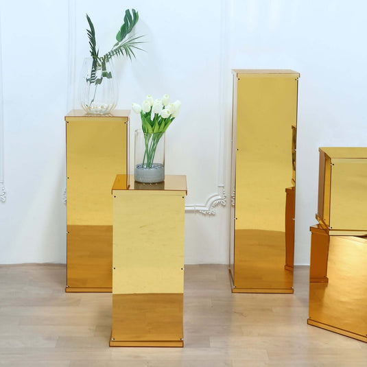 Set of 5 Gold Mirror Finish Acrylic Display Boxes, Pedestal Risers with Interchangeable Lid and Base - 12