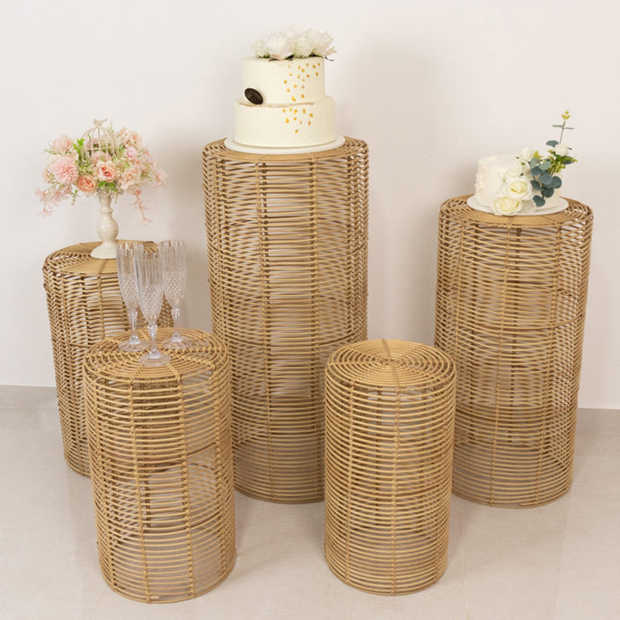 Set of 5 Natural Woven Rattan Wicker Pedestal Stands, Boho Chic Side Table Cylinder Cake Dessert Plant Display Stands - 20