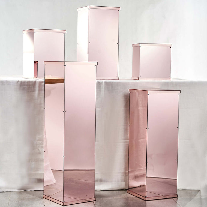 Set of 5 Rose Gold Mirror Finish Acrylic Display Boxes, Pedestal Risers with Interchangeable Lid and Base - 12